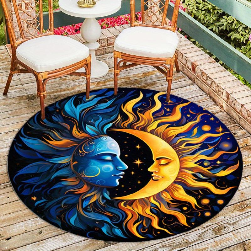 Yellow Blue Moon Sun Round Rug Floor Mat Doorway Rug With Nonslip Backing Outdoor Patio Camping Rug Floor Mat Living Room Bedroom Decoration
