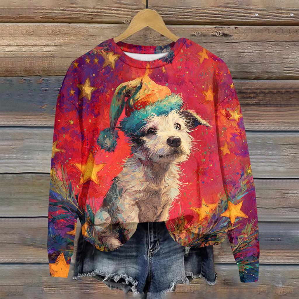 Женская толстовка с рождественским принтом, с длинным рукавом и круглым вырезом, свободный топ