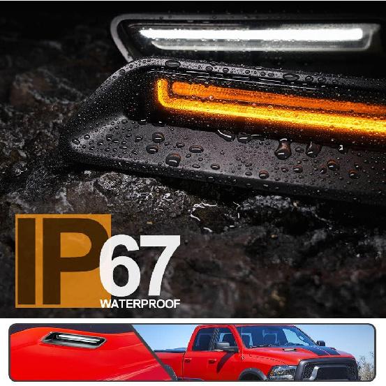 2Pcs White&Amber LED Hood Scoop Light for 2010-2018 Ram 1500 Sport Hood Air Flow Vent Grille Lamp with DRL Turn Signal Lights Functions Smoked Lens