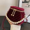 Luxury Red Velvet Pearl Handbag for Women  Autumn Winter New Chains Shoulder Crossbody Bags Elegant Party Clutch Bags