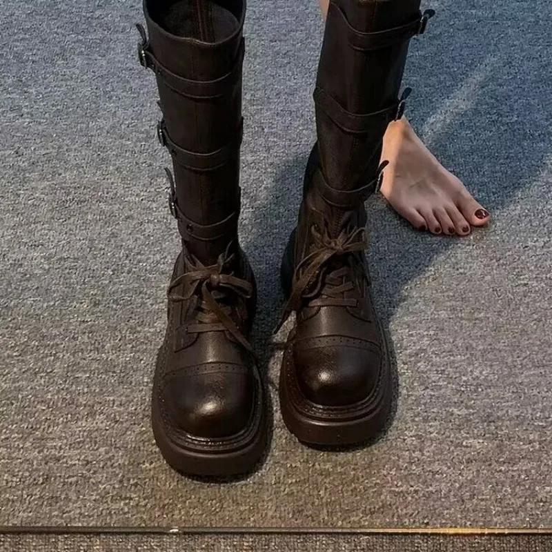 Женские высокие сапоги, кожаные туфли, зимние дизайнерские туфли на среднем каблуке, массивные туфли, женские зимние сапоги 2024 года, элегантные женские ботинки Chelsea Botas