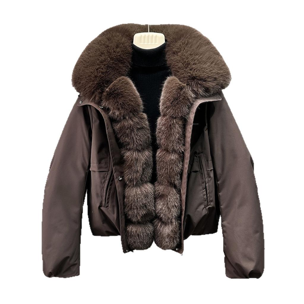 Retro army green short pie overcomes women's big fur collar thickened jacket foreign style commuter women's clothing directly for one generation