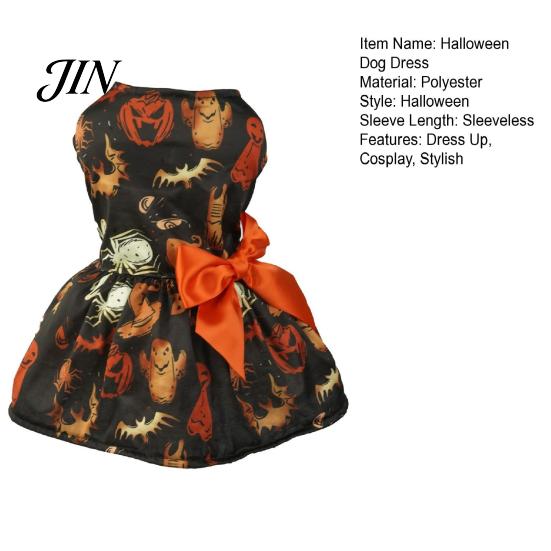 Dog Party Dress with Bow Funny Halloween Dress, Pumpkin Bat Spider Ghost Print Pet Festive Costume for Photos Apparel, Puppy Skirt Small Dogs,