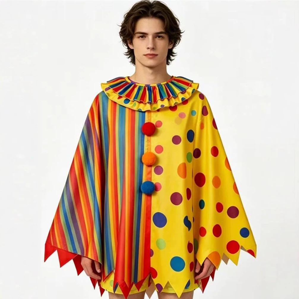 Clown Cosplay Costume Cloak Color-blocked Polka-dot Diamond Fun Joker Cape Ruffled Collar Cheerful Theme Party Halloween Set