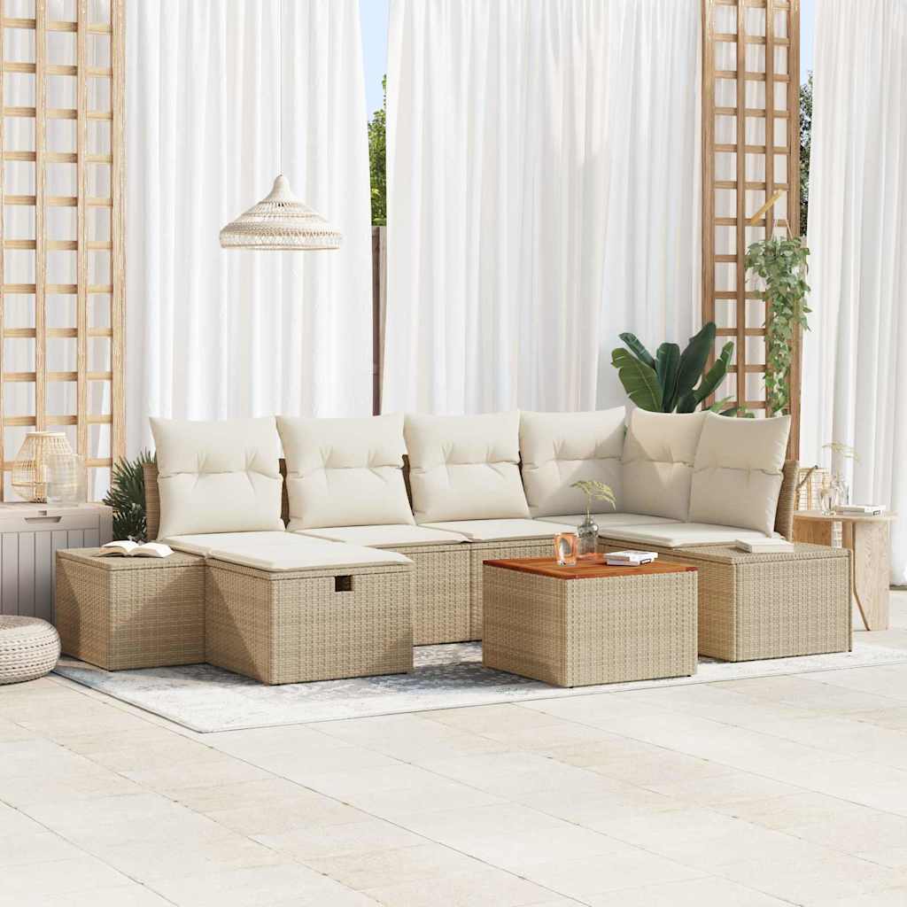 Garden Sofa Set with Cushions and Storage 7 pcs Beige Poly Rattan