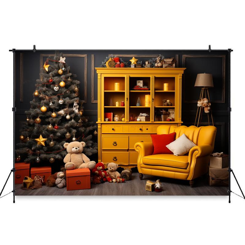 Mocsicka Christmas Home Background Photography Xmas Tree Gifts Bear Bookshelf Yellow Sofa Decorations Baby Photo Studio 144