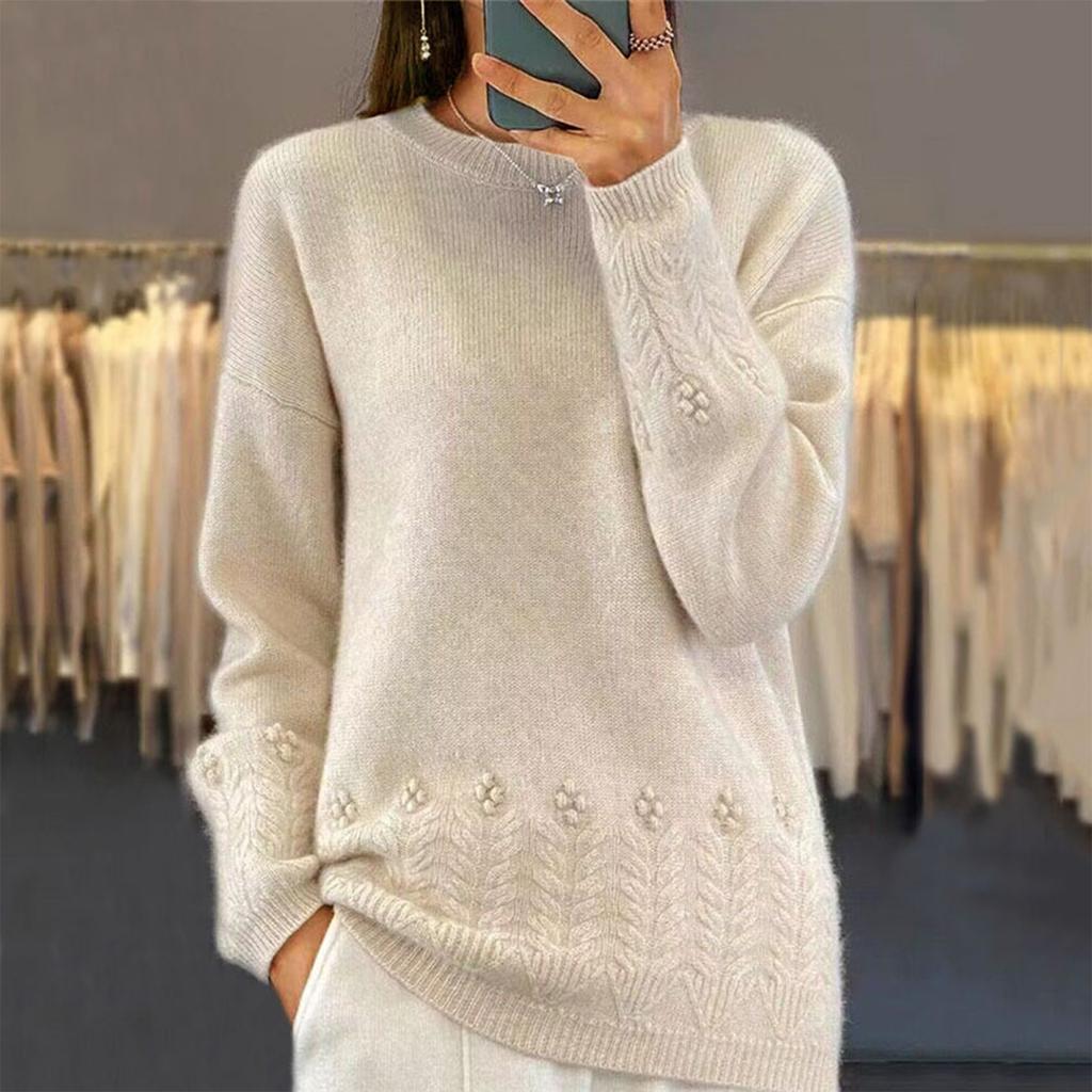 Women's Fashion Casual Solid Color Round Neck Long Sleeve Sweater Top