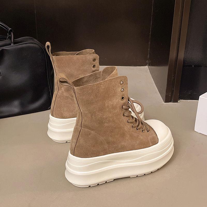 Retro Lapel Lace-up Muffin Platform High-top Shoes Women's Martin Boots New Small Height-increasing Casual Shoes