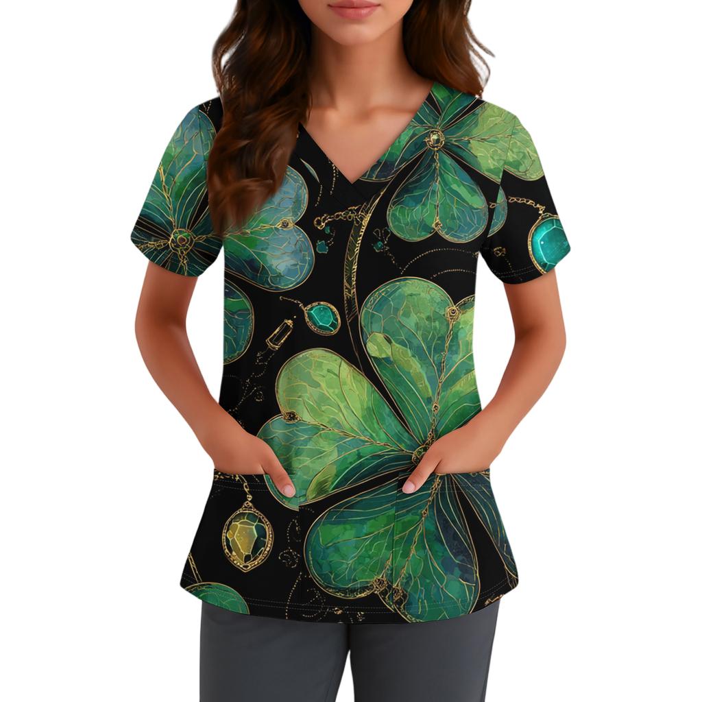 Ladies' St. Patrick Print Fashionable V-neck Pocket Short Sleeved Uniform And Caregiver Top