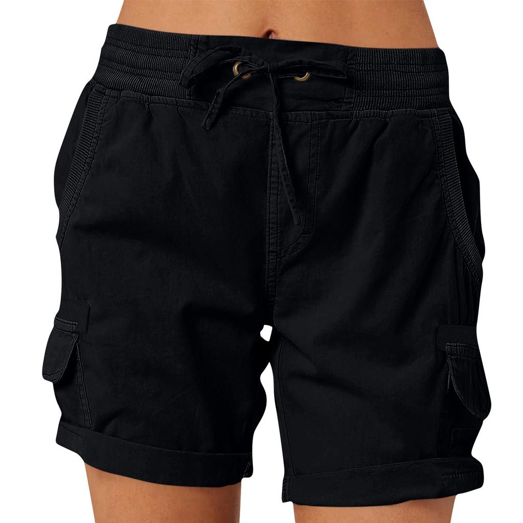 Women's Solid Color Fashionable Pocket Drawstring Casual Workwear Pants Loose Elastic Waist Shorts