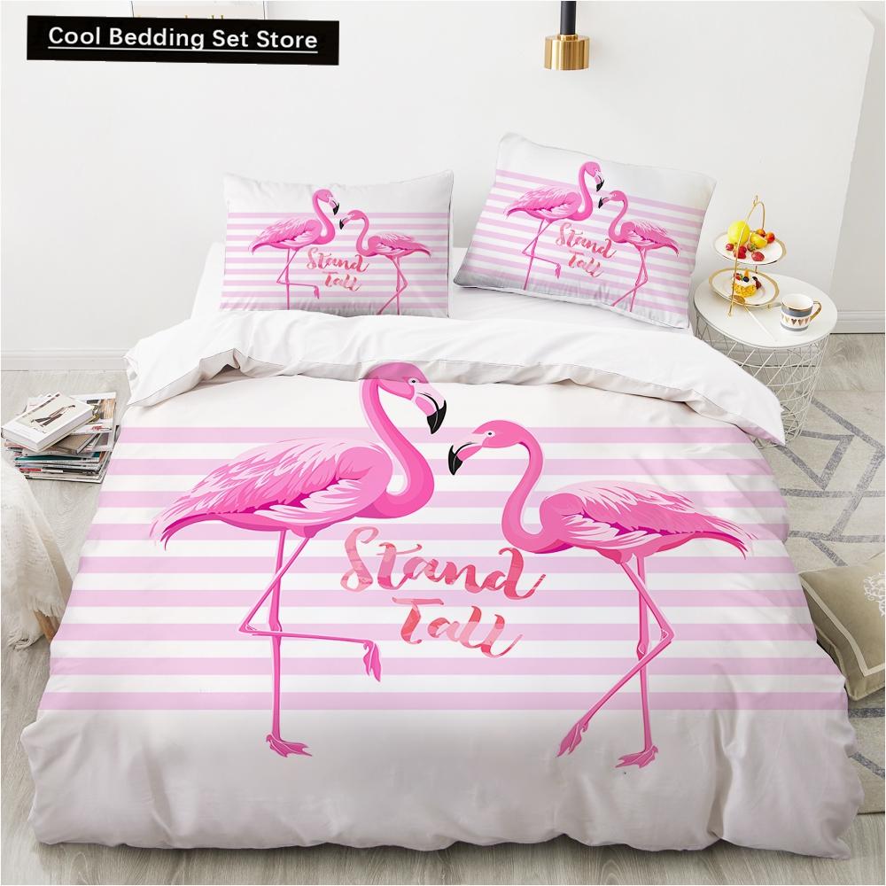 Пододеяльник с изображением животных фламинго King Queen, розовый, с тропическими птицами, комплект постельного белья для детей, подростков, взрослых, синий, мягкий, 2/3 шт., пододеяльник