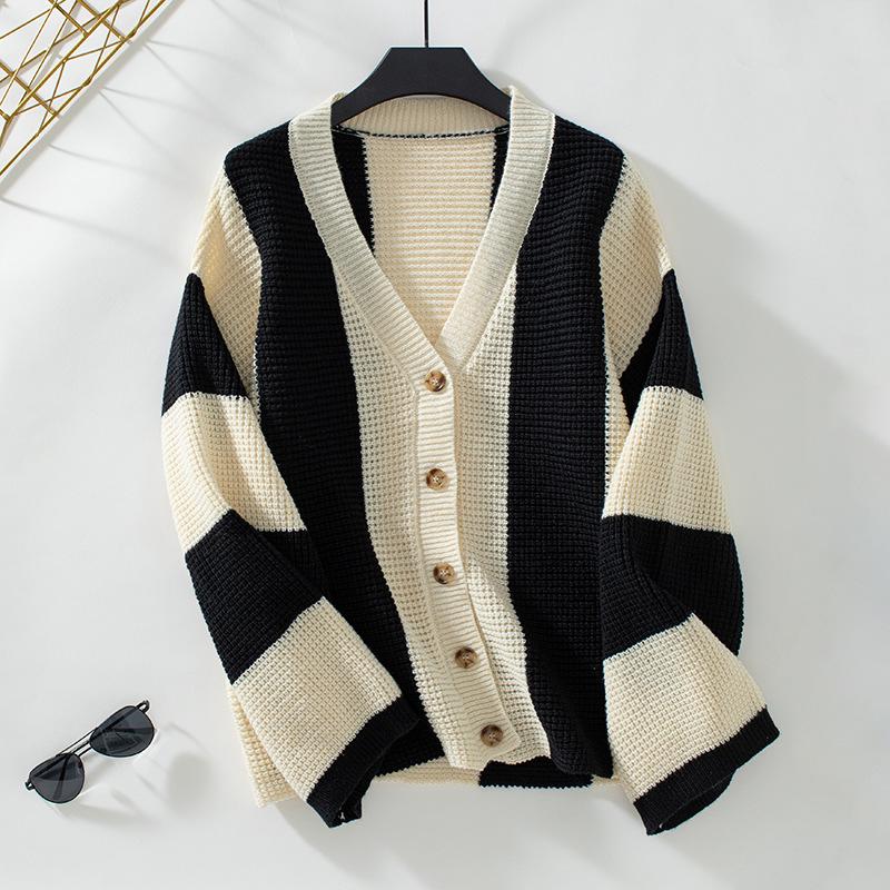 Plus Size Women's Fashion Knitwear Autumn and Winter Striped Clashing Colours Loose Flared Sleeve Sweater Knitted Cardigan