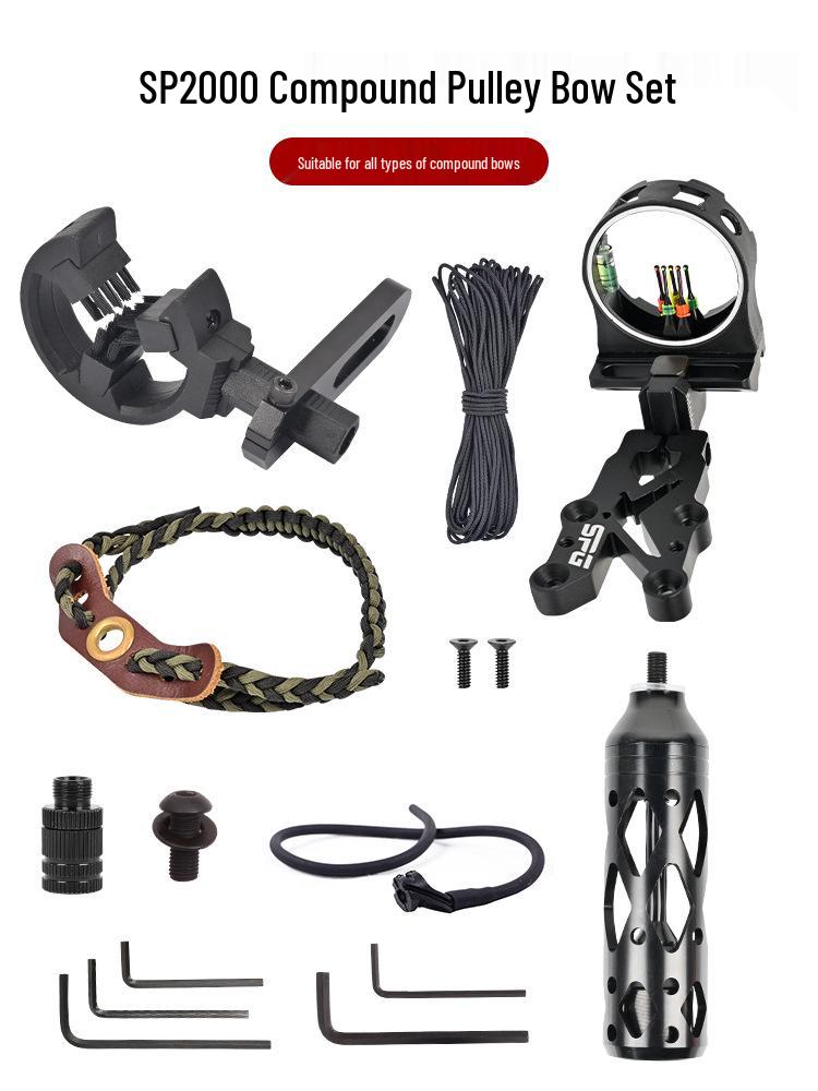 SP2000 Compound Bow Accessories: Shock Absorber, Five-Pin Sight, Whisker Biscuit Arrow Rest, Wrist Sling.