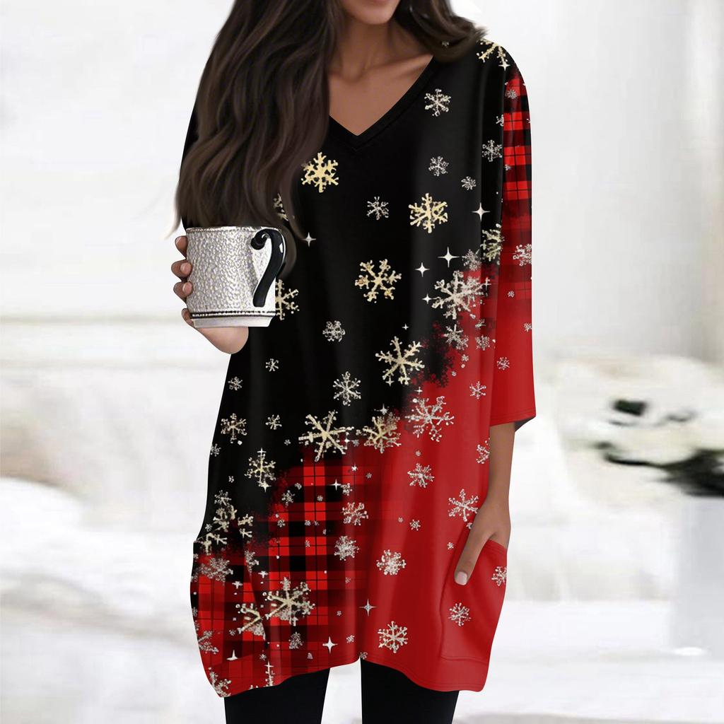 Женские топы с V-образным вырезом и рукавом 3/4, повседневные блузки средней длины, модные туники с рождественским принтом и карманами