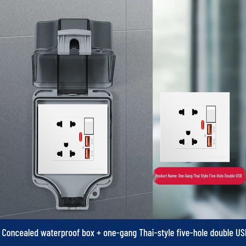 Concealed IP66 Waterproof 16A Outdoor Power Supply with American & Thai Standard 3 & 6 Holes, USB-C Fast Charging, and Waterproof Cover