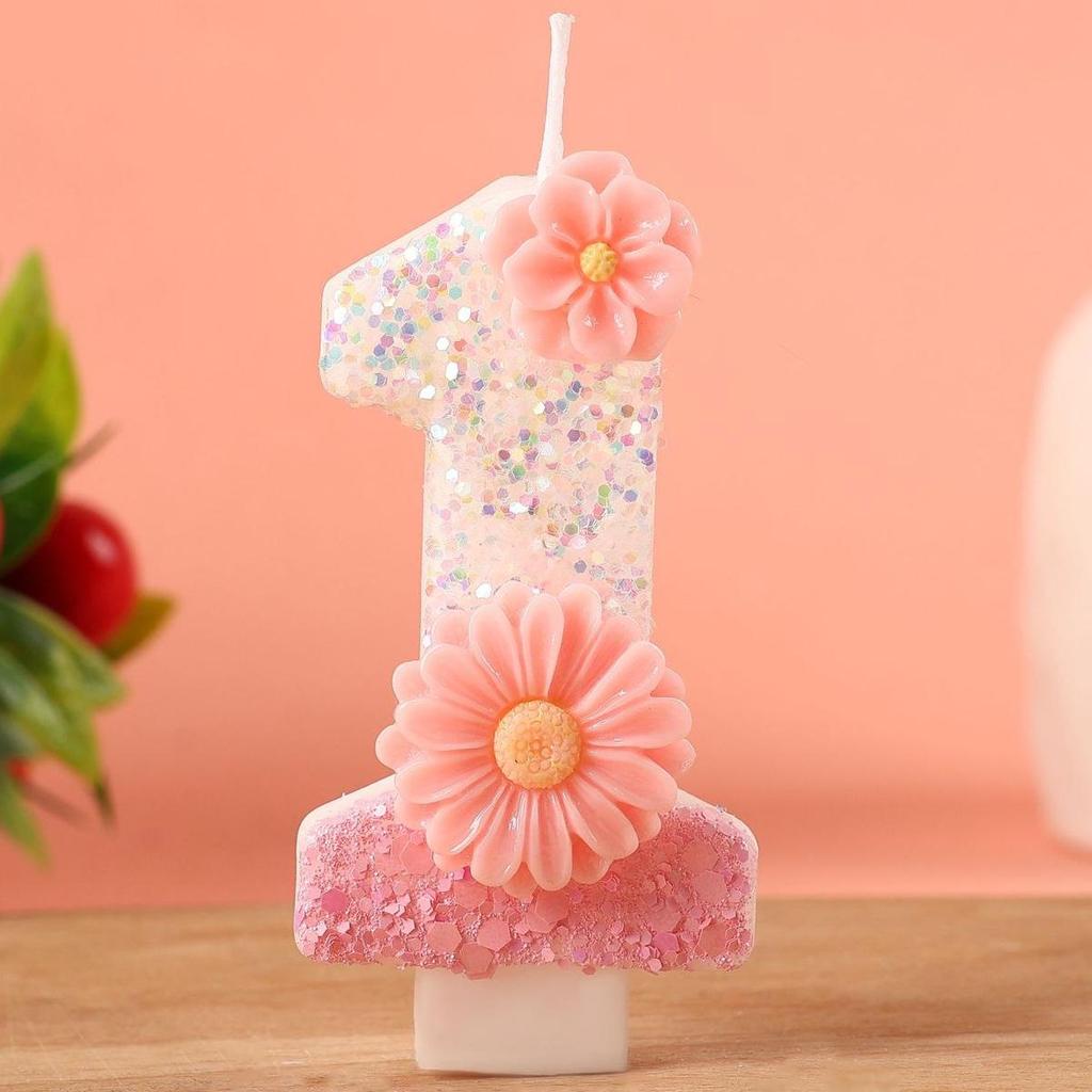 Pink Flower Number Candles for Birthday Cake Decoration Party Supplies