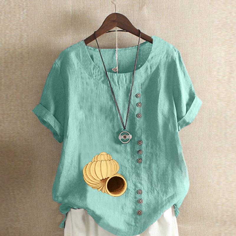 Women's Fashion Conch Print Short Sleeve T-shirt Loose Cotton Shirt Casual Loose Summer Blouse Tops Plus Size