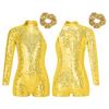 Girls Sparkly Sequin Gymnastics Leotard One Shoulder Long Sleeve Bodysuit with Hair Tie Jazz Dancewear