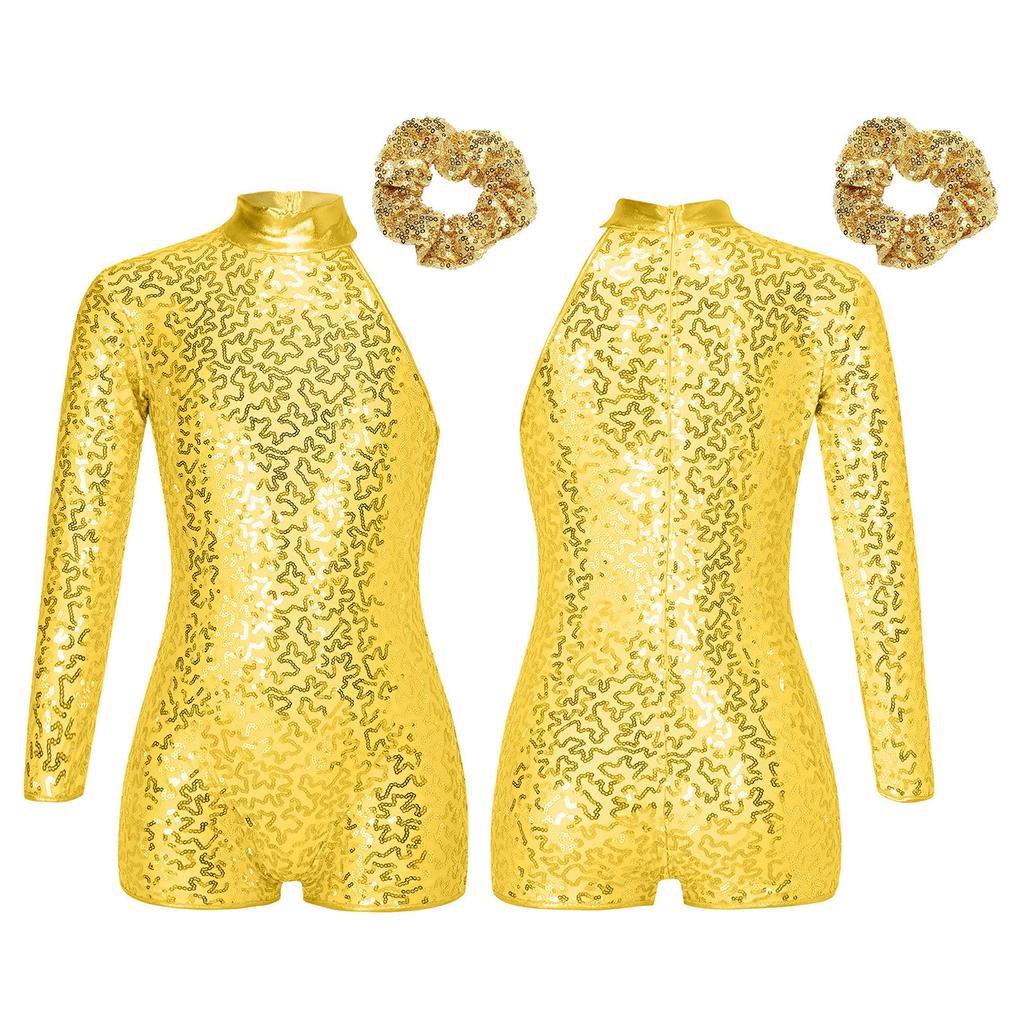 Girls Sparkly Sequin Gymnastics Leotard One Shoulder Long Sleeve Bodysuit with Hair Tie Jazz Dancewear