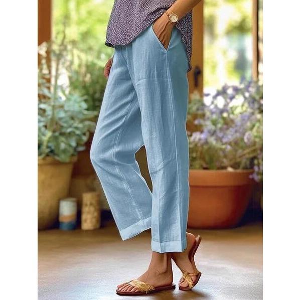 GMXIA Women's Cotton and Linen Loose Solid Color Elastic Waist Pocket Straight Leg Casual Pants