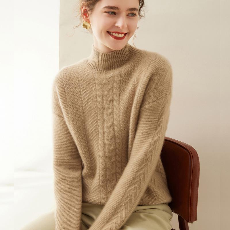 Женский кашемировый пуловер с полувысоким воротом и длинными рукавами - Однотонный, Повседневный, Свободный, Утепленный для осени/зимы.
