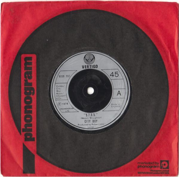 7inch Record CITY BOY - 5.7.0.5. 6059207 Vertigo 1978 UK Rock Used