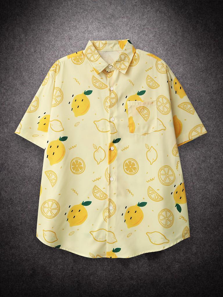 Oversized Loose Hawaiian Lemon Short Sleeve Shirt Men Vintage Loose Couple Beach Shirts for Summer Clothing Streetwear