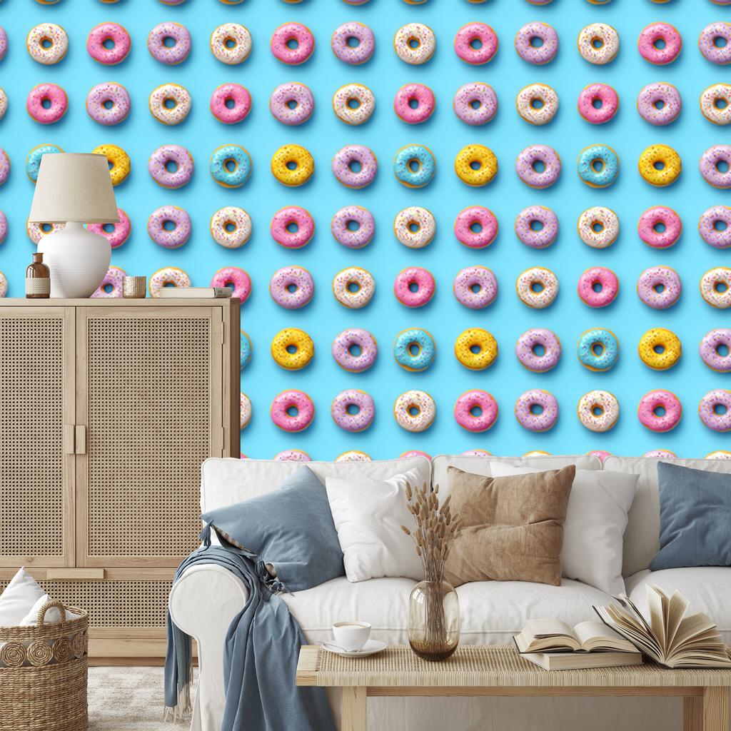 Colorful Donuts Wallpaper in Aquamarine, Turquoise and Powder Pink 50x1000