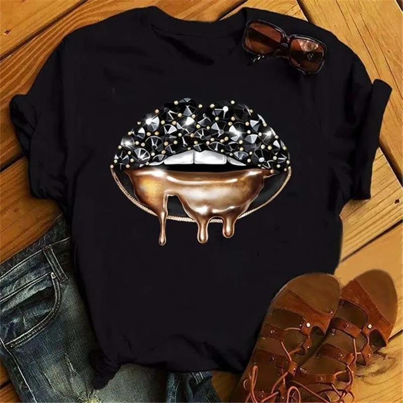 Модная женская футболка унисекс с принтом губ, повседневная, с коротким рукавом и круглым вырезом, свободная женская футболка, женская футболка, топы, одежда, женские футболки