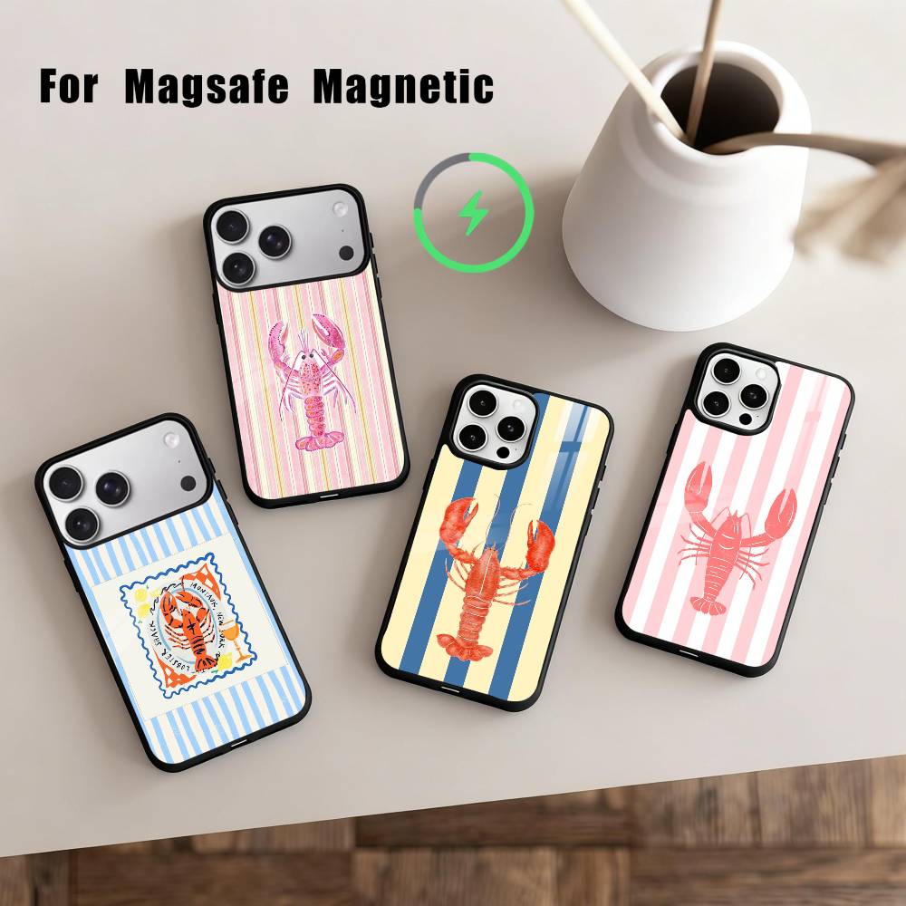 L-Lobster On S-Stripes Ocean Phone Case For iPhone17,16,15,14,13,12,11 Plus,Pro Max Magnetic For Magsafe Wireless Charging
