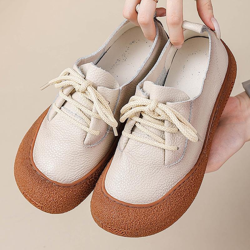 Женские кожаные туфли на шнуровке в стиле ретро — с круглым носком, мягкой подошвой, удобные повседневные туфли на плоской подошве для весны и осени