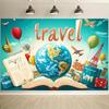 A 2D plane featuring a globe hot air balloons and landmarks is suitable for the celebration activities of World Tourism Day.