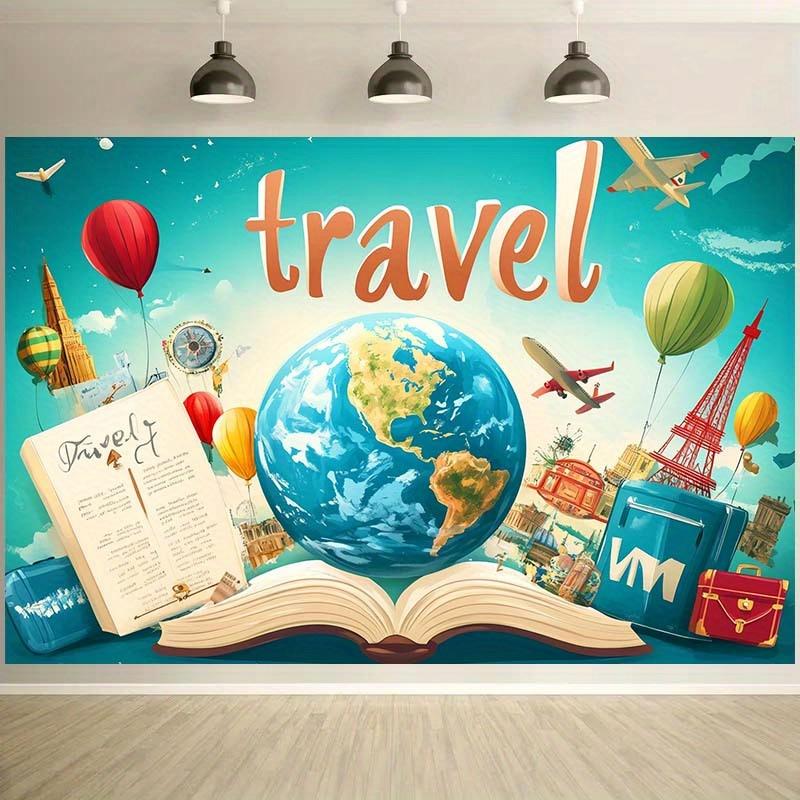 A 2D plane featuring a globe hot air balloons and landmarks is suitable for the celebration activities of World Tourism Day.