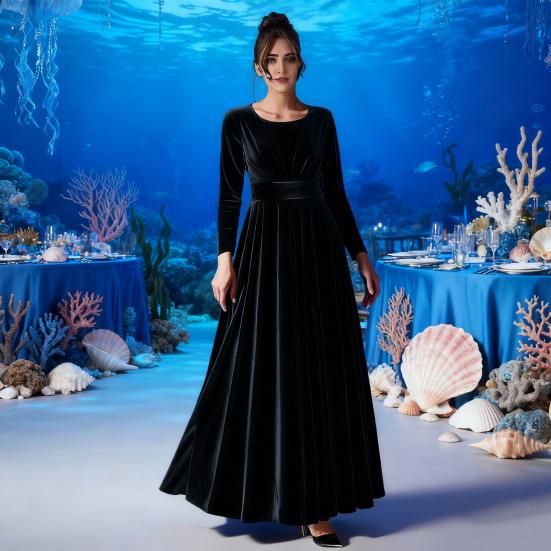 Женское бархатное платье макси, повседневное, с круглым вырезом, длинными рукавами, А-силуэта, платье-свинг, осеннее, для коктейльной вечеринки, формальное платье для гостьи на свадьбе