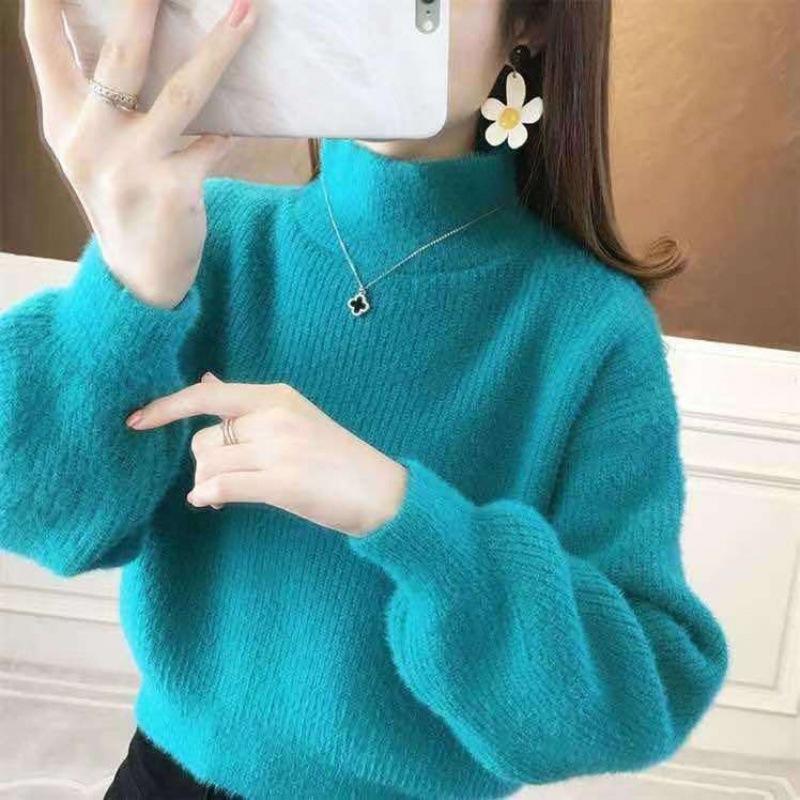 Women's Fashion Casual Fall Winter Solid Color Print Long Sleeve Half Turtleneck Sweaters