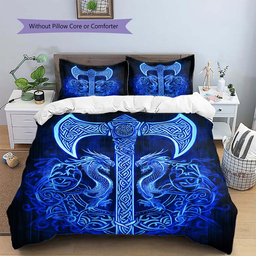 Viking battle axe Pattern Bedding Quilt Set Quilt Cover Pillowcase Home Decoration Gift (1 * duvet cover + 2 * pillowcase, without core)