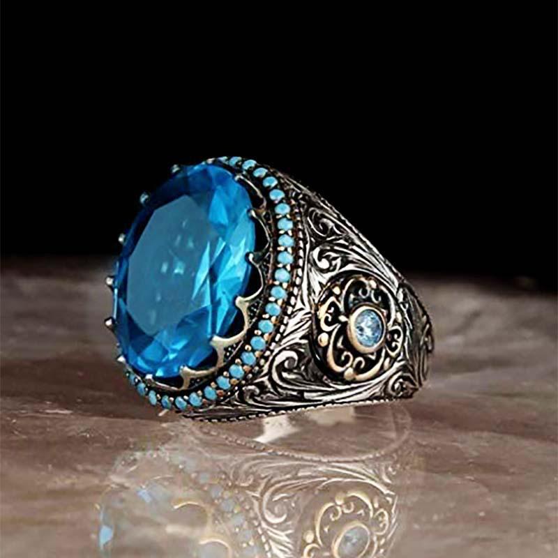 Men's Hip-Hop Retro Engraved Aquamarine Egg-Shaped Ring