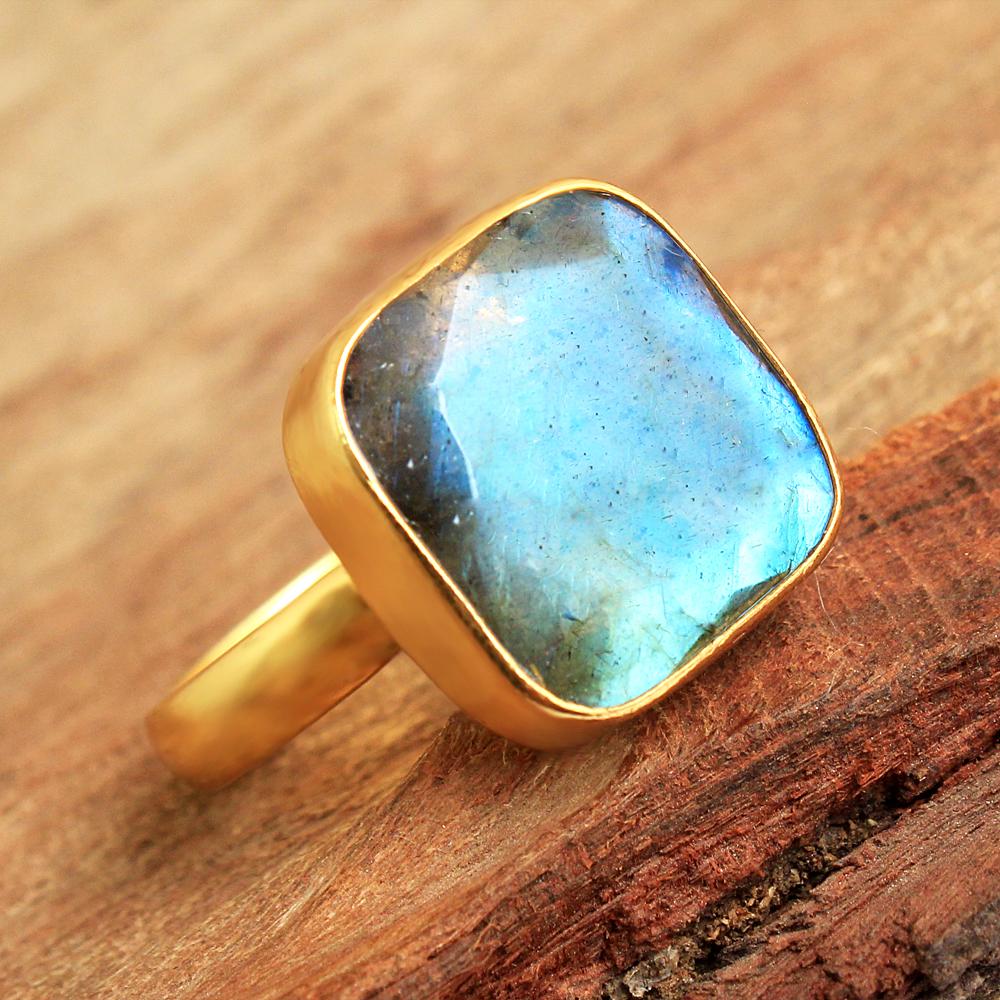Позолоченное кольцо с лабрадоритом, массивное ювелирное изделие ручной работы из стерлингового серебра 925 пробы, эффектное кольцо