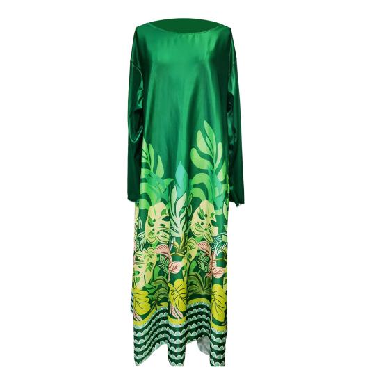 Fall Spring Women Dress Oversized Floral Printing Color Matching Robe Type Long Bat Sleeves Round Neck Irregular Hem Pullover Party Dating Maxi Dress