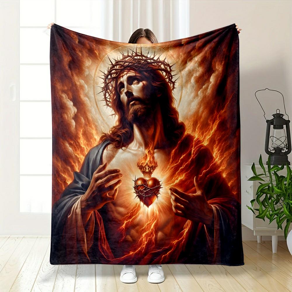 Sacred Heart with Flames and CrownFlannel blanket for bedroom, living room, sofa, and nap