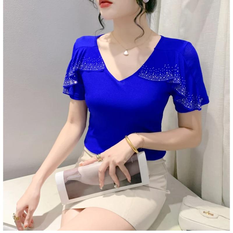 New Summer Streetwear Girl Chic Ruffled Hot Diamonds T-Shirt Fashion V-Neck Short Sleeve Mesh Tops Women's Tees Clothes Blouse