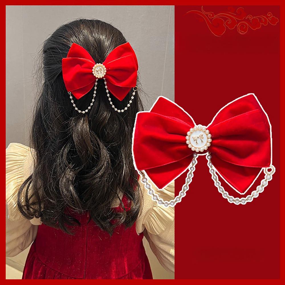 Headwear Red Bow Hair Clips Jewelry Tassels Pearl Barrettes Ribbon Hairpin Hair Styling Accessory