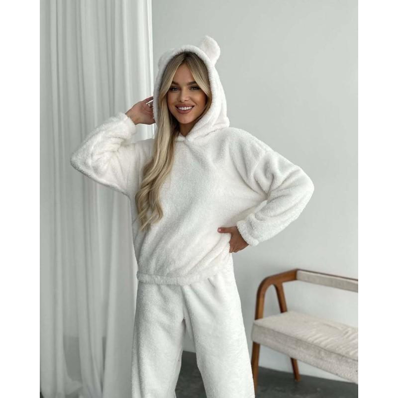 Womens Fuzzy Bunny Ear Hooded Winter Loungewear Set Warm 2 Piece Pajamas