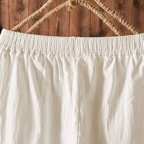 Elastic Waist Wide Leg Harem Pants Women Cotton Linen Casual Vintage Loose Solid Color Pockets Trousers