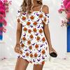 Women Plus Size One Shoulder Short Sleeve Loose White Halloween Printed Dress