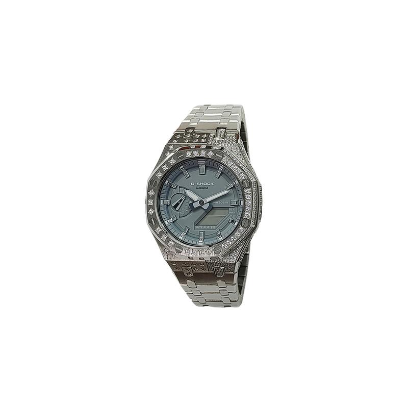 CASIO Customized watch modified series Farm Oak Diamond-encrusted silver case Waterproof 200 meters GA-2110ET-8A modified GA-2110ET-8A