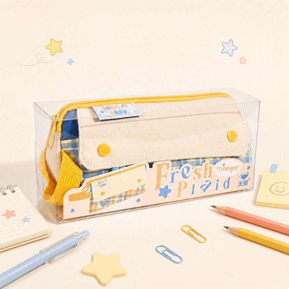 Simple Plaid Style Pencil Case Large Capacity Stationery Organizer Handheld Pen Bag Gifts