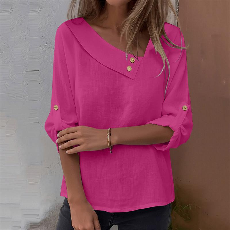 16 European and American new women's tops casual loose solid color buttons irregular collar cotton and linen shirt women