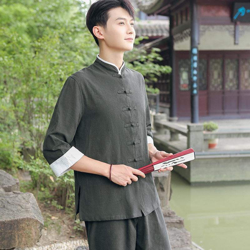 Мужская льняная рубашка в китайском стиле: Костюм Тан Весна, Лето, Осень