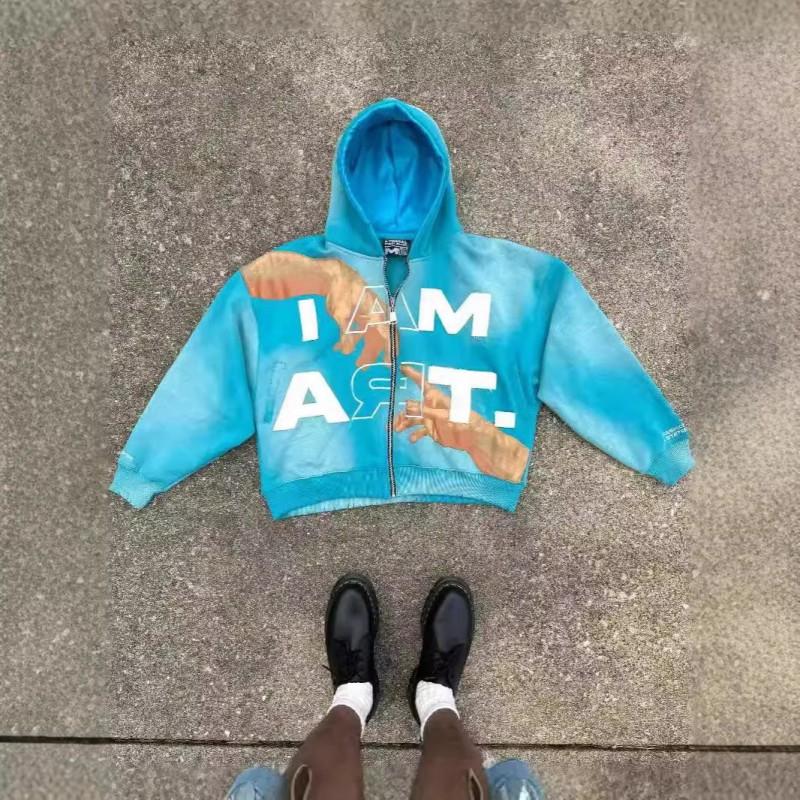 Womens Loose Fit Hoodie Y2K Streetwear Colorful Letter Print Zip Up Sweatshirt